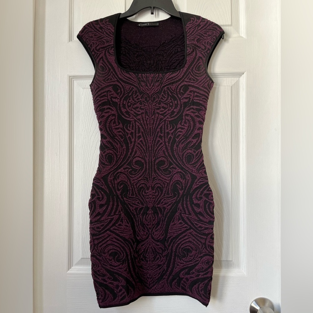 RVN Phoenix Embroidered Jacquard Bodycon Dress Purple Black S